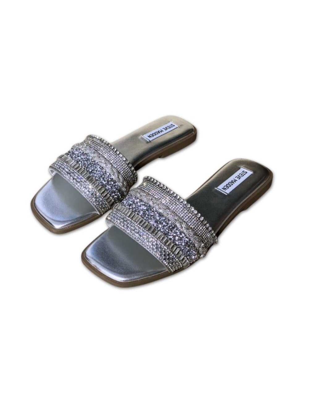 NEW Steve Madden McGrady Sandals Rhinestone Embellished Slide Metallic Silver